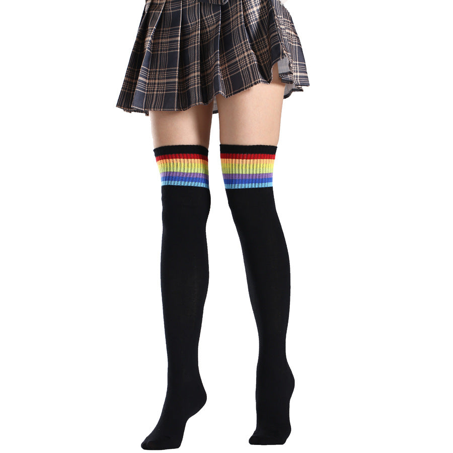 Femboy wear rainbow striped thigh high socks front