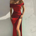 Femboy wear red elegant off the shoulder prom dress with slit