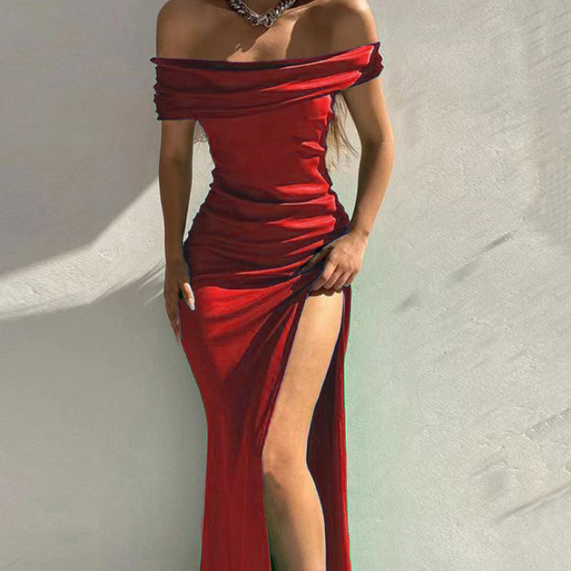 Femboy wear red elegant off the shoulder prom dress with slit