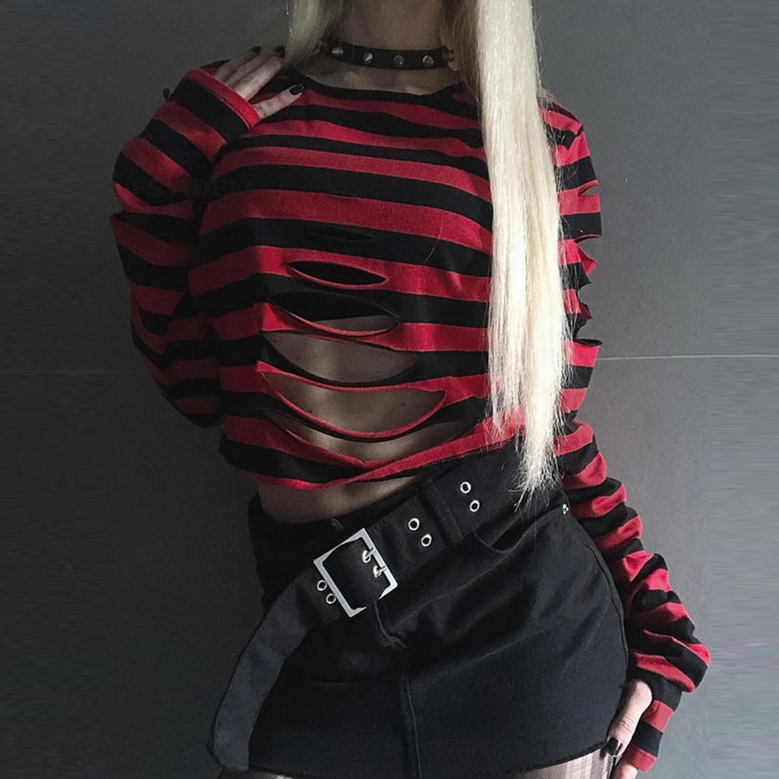 Femboy wear red femboy striped ripped long sleeve t shirt