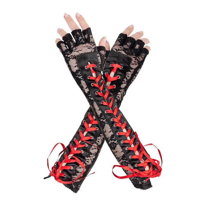 Femboy wear red gothic lace up half finger lace gloves