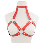 Femboy wear red leather harness cage bra