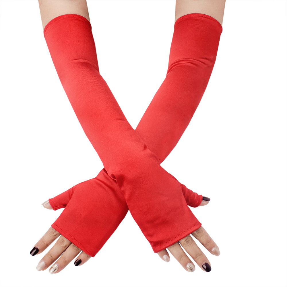 Femboy wear red satin fingerless gloves