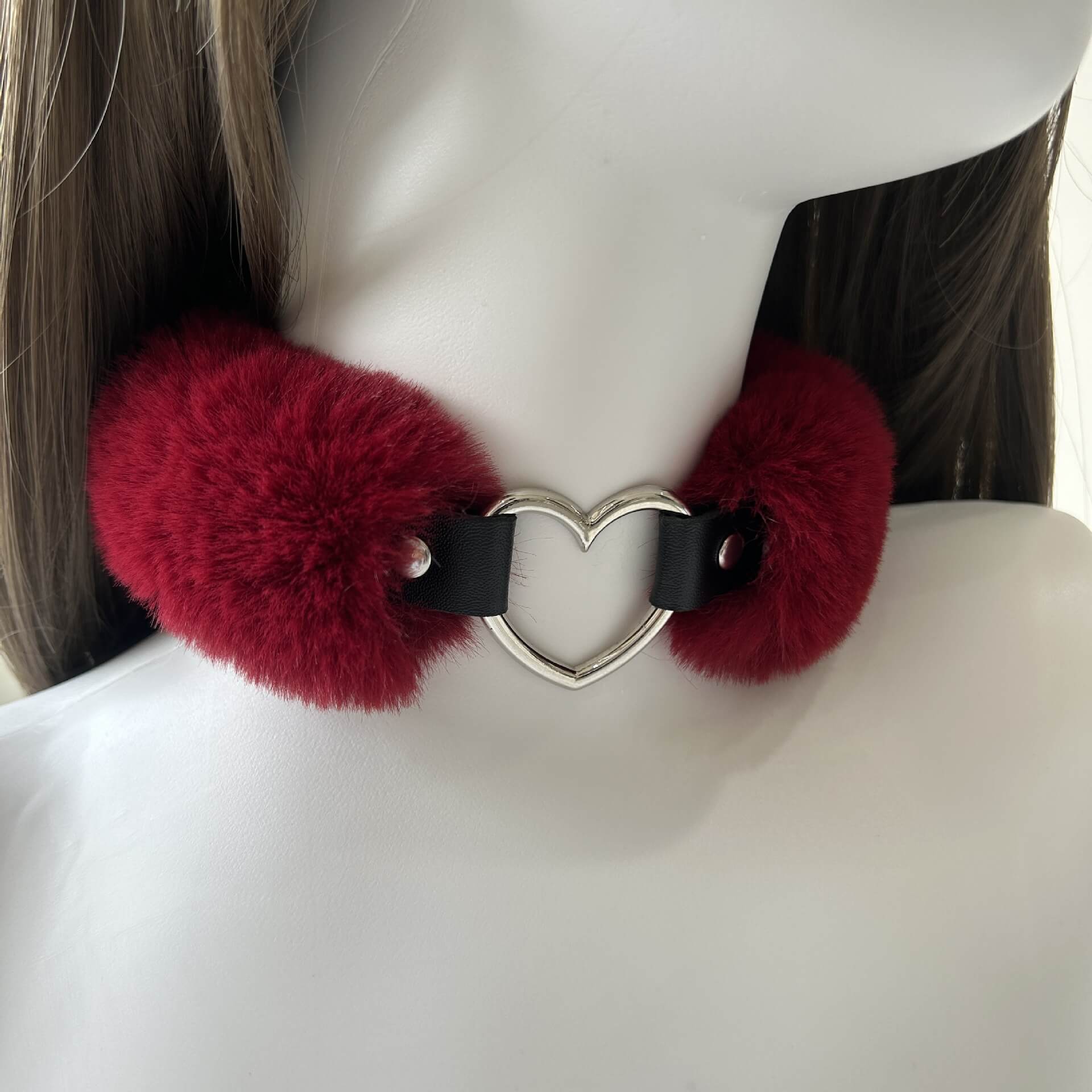 Femboy wear red sexy fur heart choker