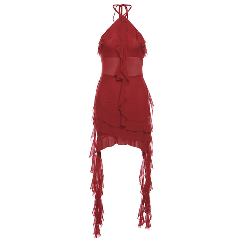 Femboy wear red sexy halter backless slim dress