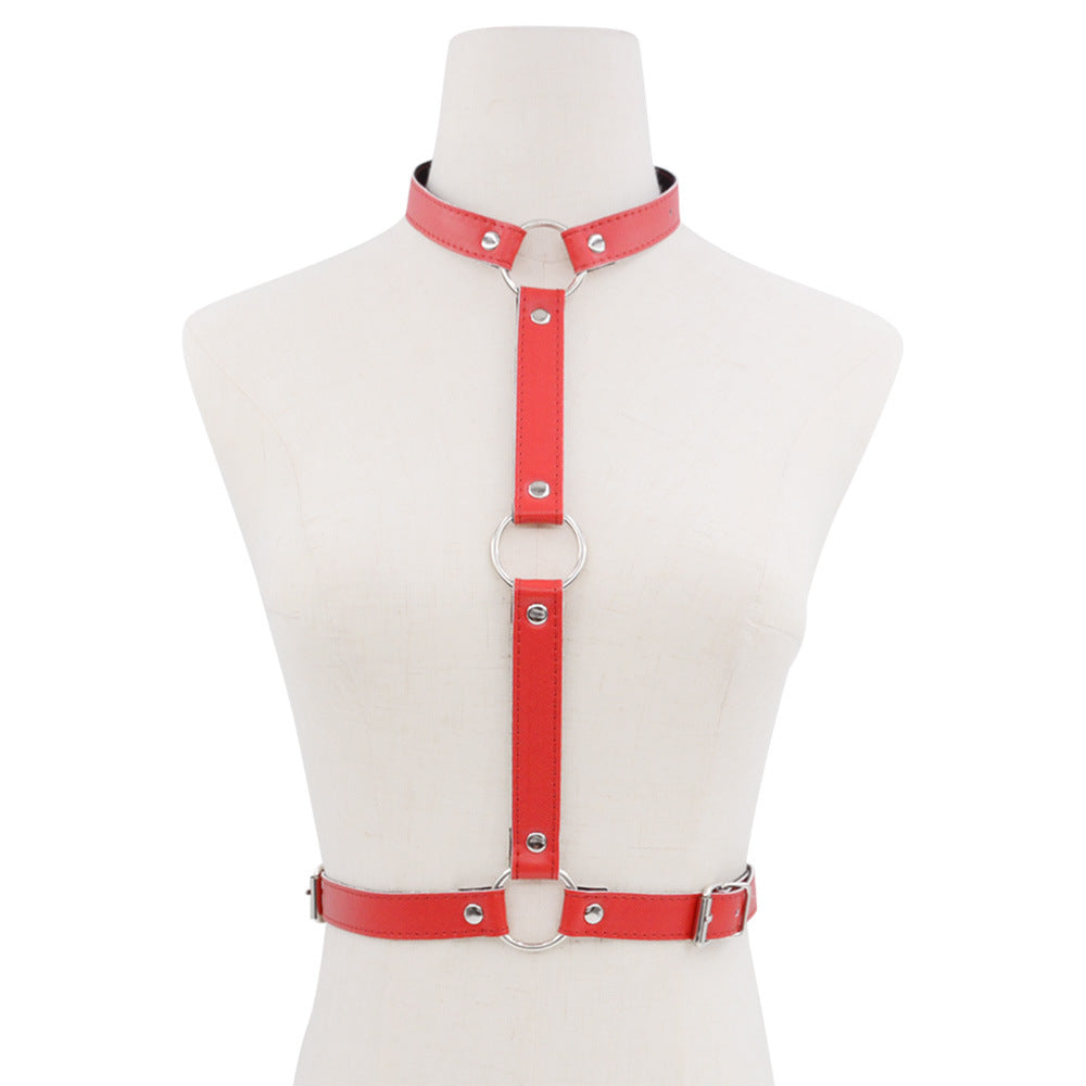 Femboy wear red sexy punk leather body harness