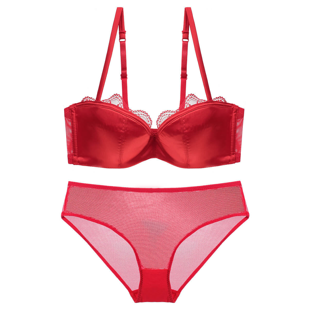 Femboy wear red sexy satin half cup bra and panty set