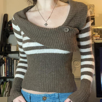 Ribbed Knit Asymmetric Button Pullover Femboy Sweater