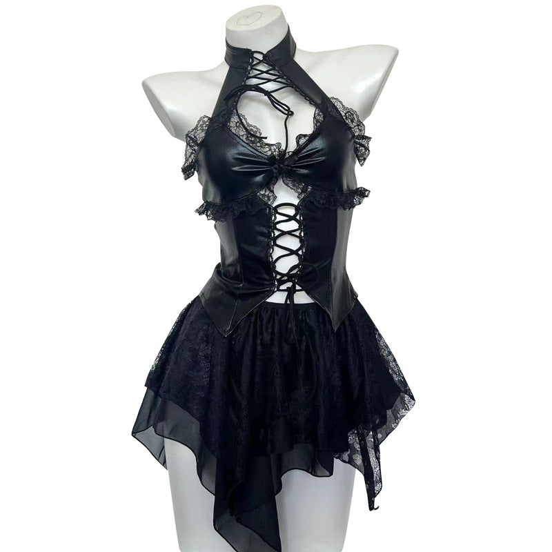 Femboy wear sexy black gothic backless lingerie front