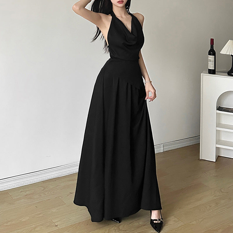 Femboy wear sexy black halter backless maxi dress