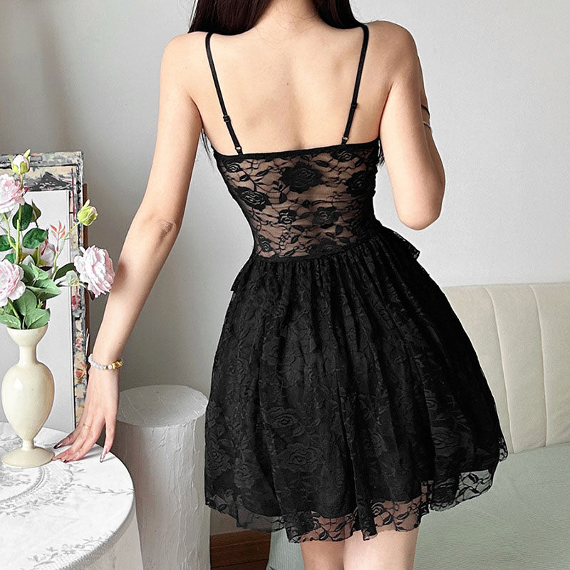 Femboy wear sexy black lace corset dress back