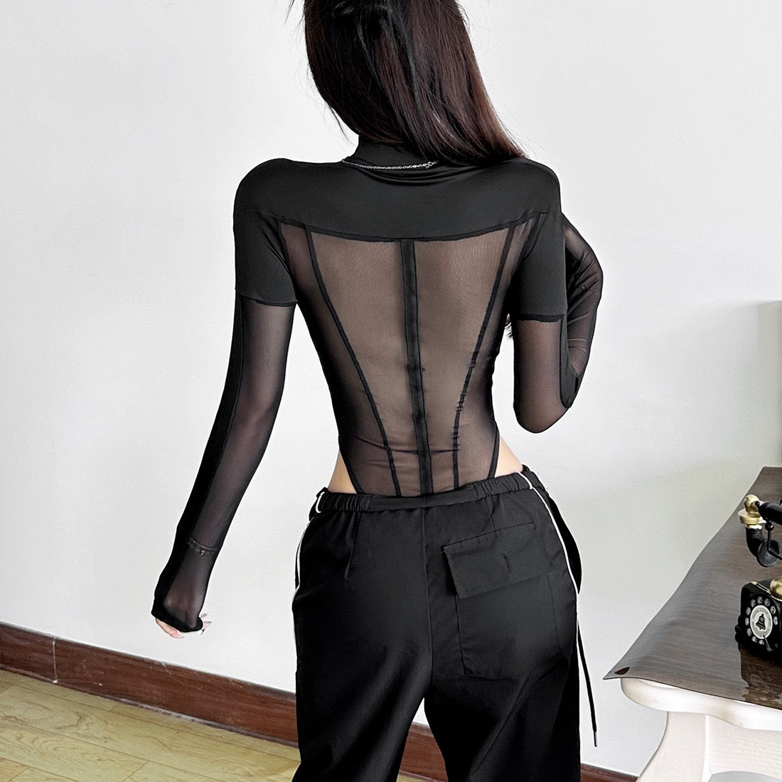 Femboy wear sexy black mesh corset bodysuit back