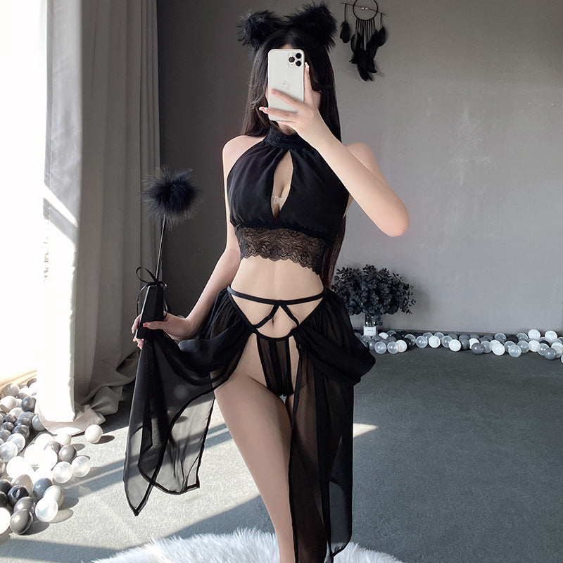 Femboy wear sexy black see through lingerie set front