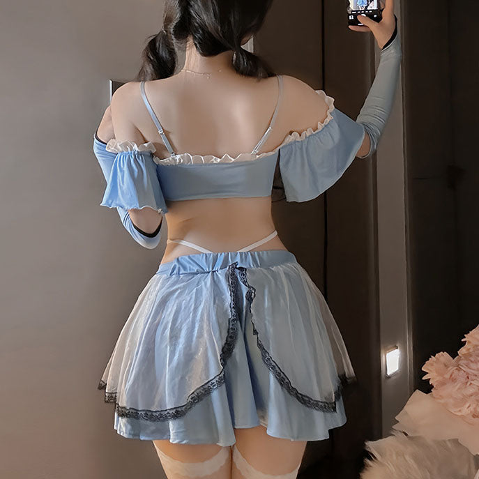 Femboy wear sexy blue lingerie set back