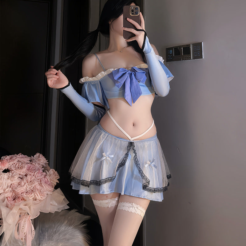 Femboy wear sexy blue lingerie set front