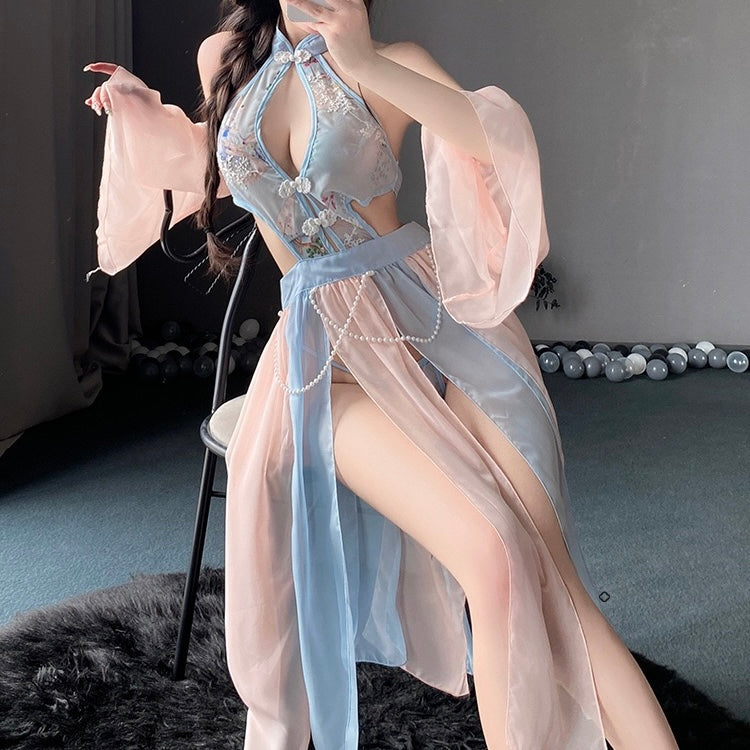 Femboy wear sexy blue lingerie set side