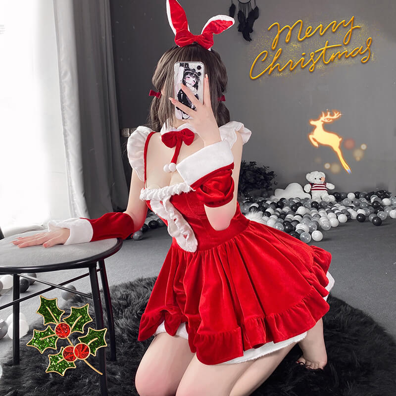 Femboy wear sexy bunny backless christmas dress side