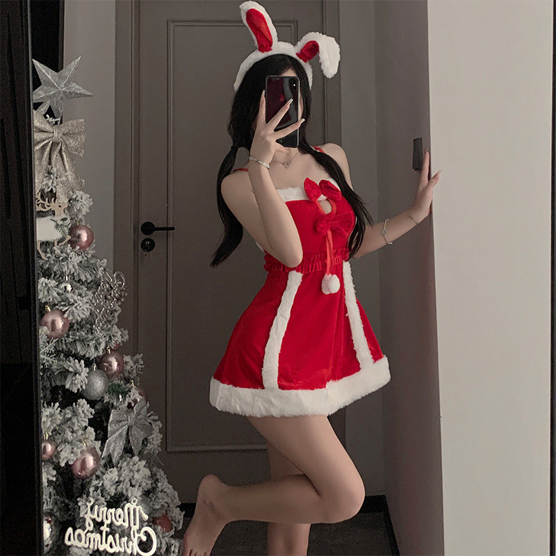 Femboy wear sexy bunny backless christmas mini dress side