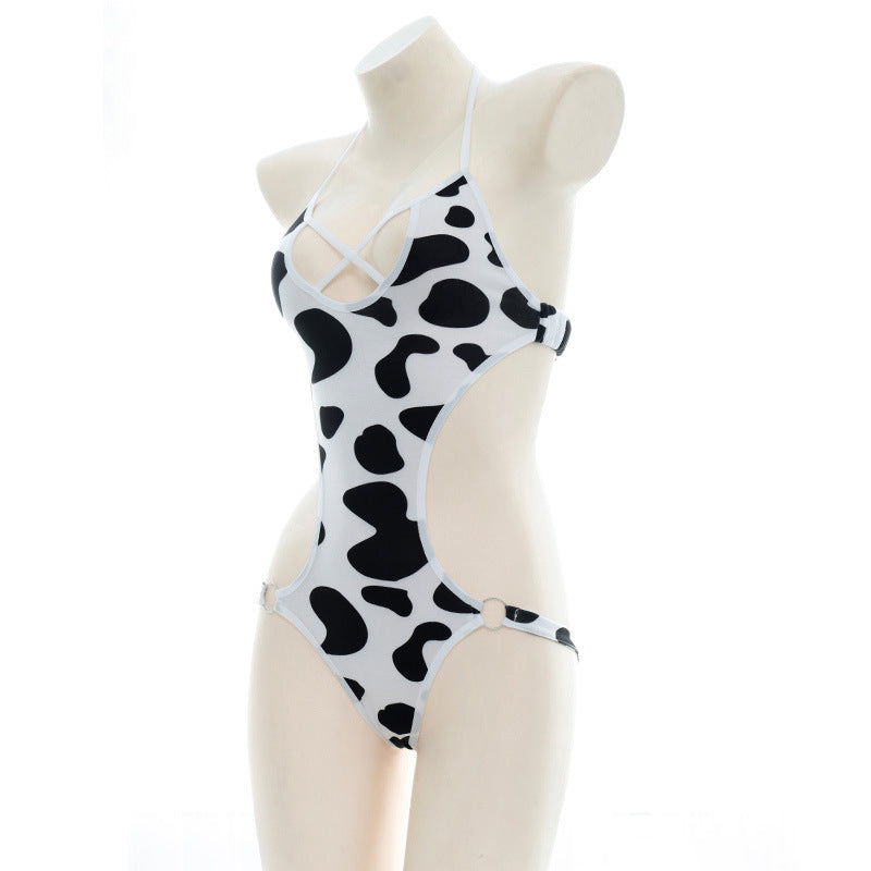 Femboy wear sexy cow print bodysuit lingerie side