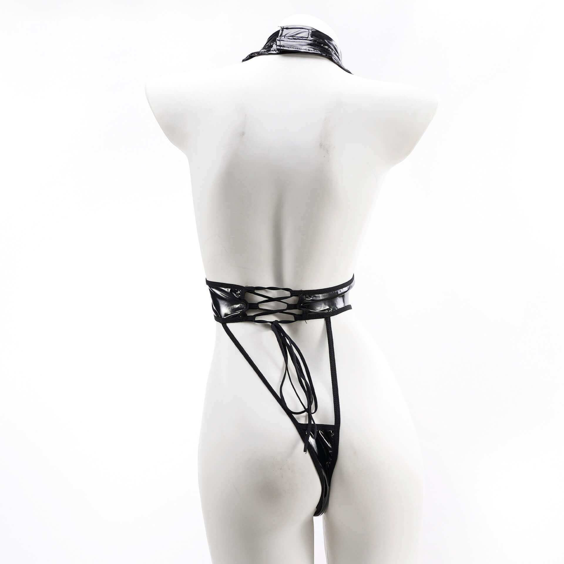 Femboy wear sexy cut out leather thong lingerie bodysuit back