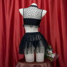 Femboy wear sexy dots mesh top and skirt lingerie set back