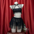 Femboy wear sexy dots mesh top and skirt lingerie set front