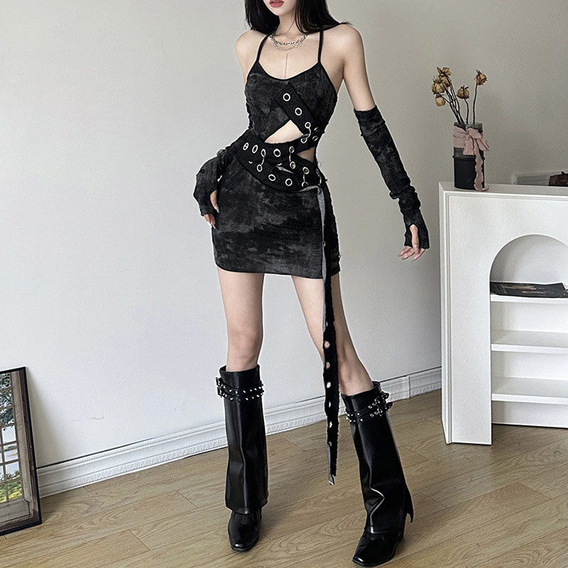 Femboy wear sexy gothic cutout halter dress with gloves