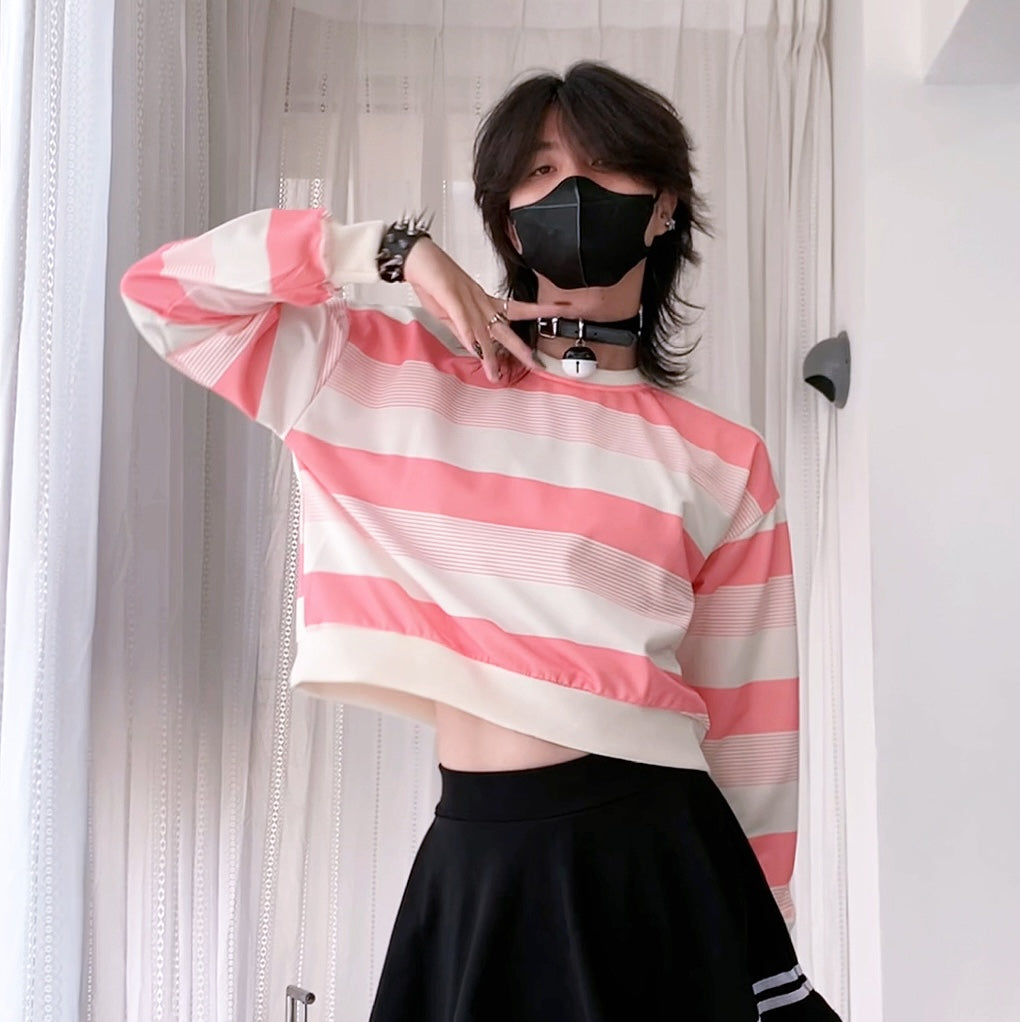 Femboy wear sexy long sleeve black and gray striped t shirt