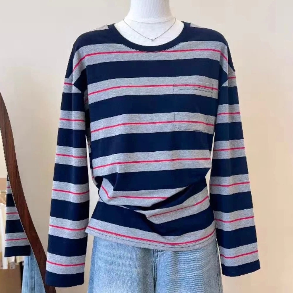 Femboy wear sexy long sleeve black and gray striped t shirt