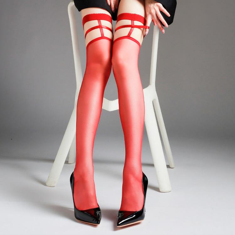 Femboy wear sexy sheer thigh high stockings with garters front