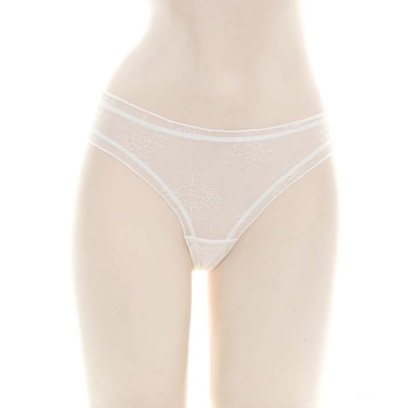 Femboy wear sexy translucent lace rabbit tail panties front