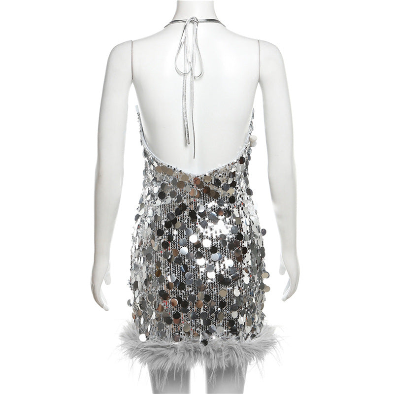 Femboy wear silver sequin backless mini dress femboy fashion