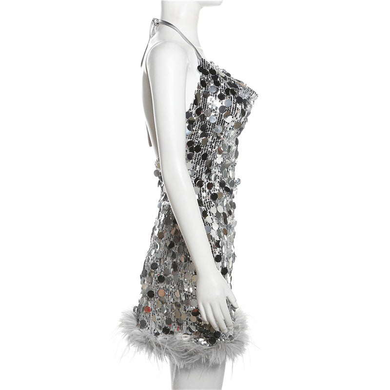 Femboy wear silver sequin backless mini dress for femboy