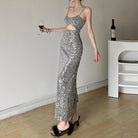 Femboy wear slim silver glitter slip dress back