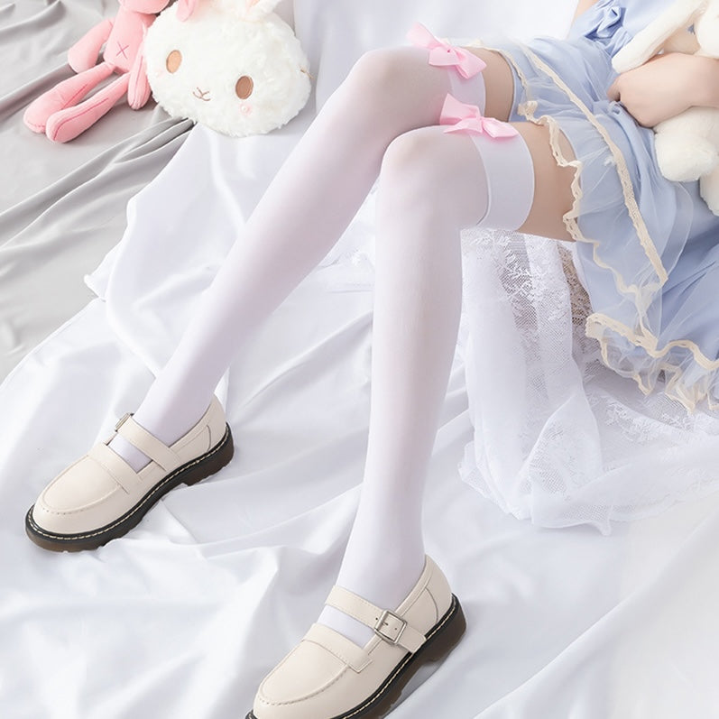 femboy wear solid thigh highs with pink bow