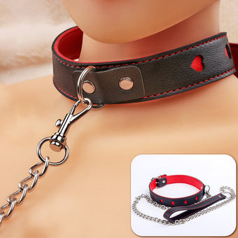 Black and Red Leather Collar with Chain
