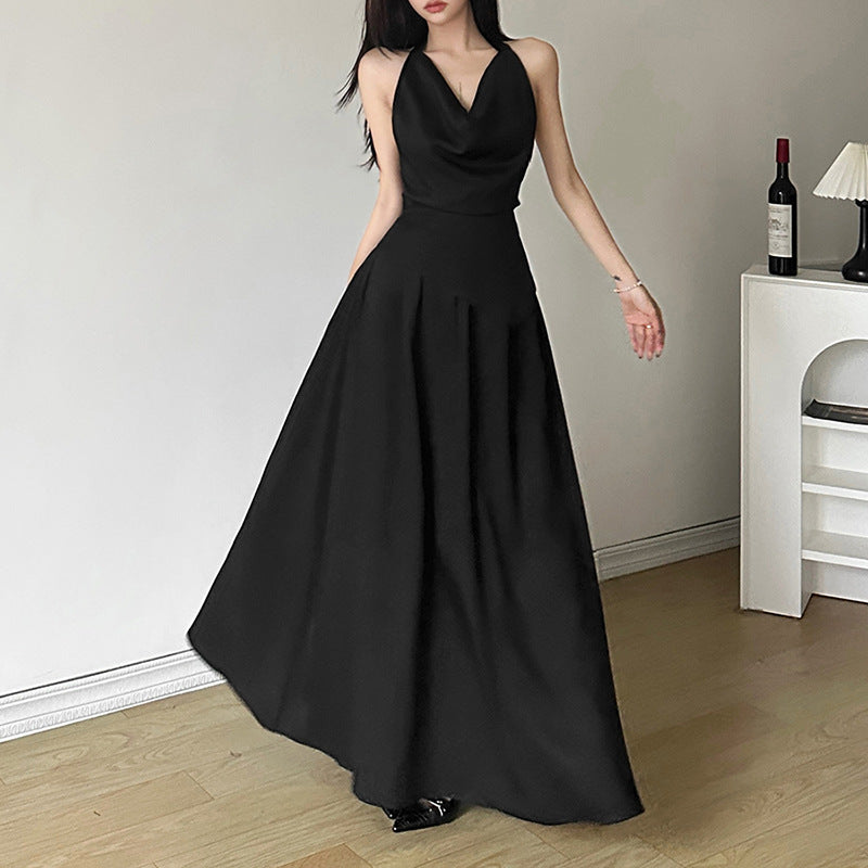 Femboy wear sweet black halter backless maxi dress