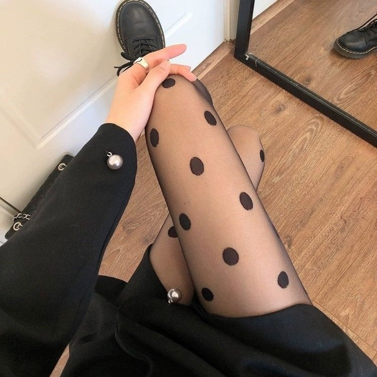 Femboy wear sweet black polka dot sheer pantyhose