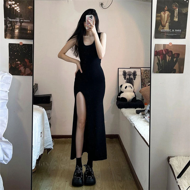 Femboy wear sweet black sleeveless side slit maxi dress femboy fashion