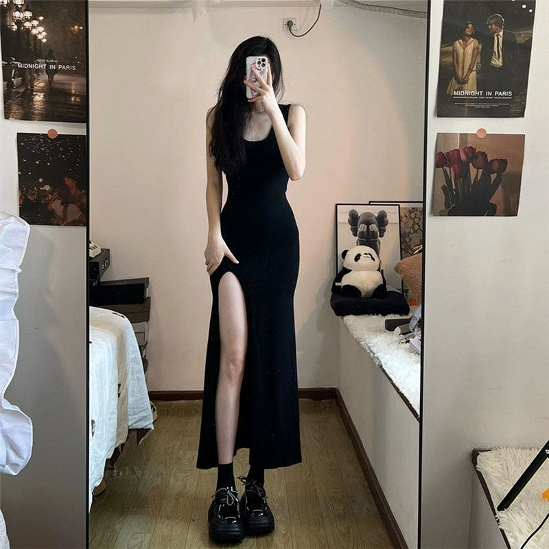 Femboy wear sweet black sleeveless side slit maxi dress for femboy