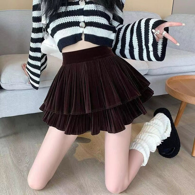 Femboy wear sweet chocolate brown cake skirt with long sleeve striped top