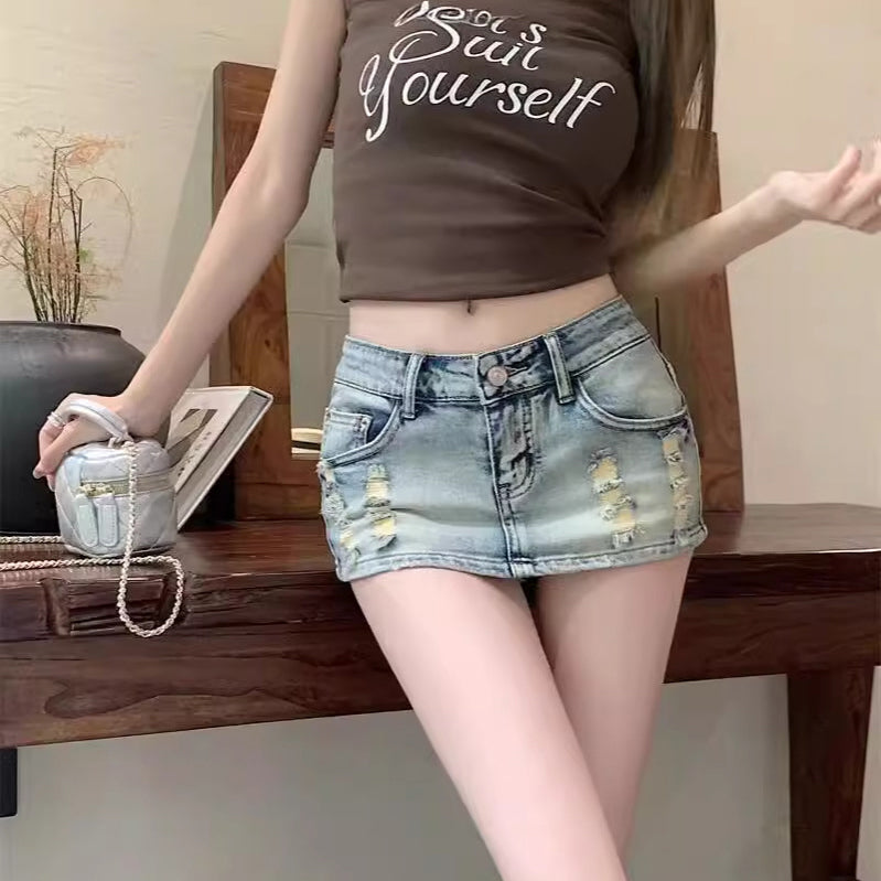 Femboy wear sweet distressed denim mini skirt