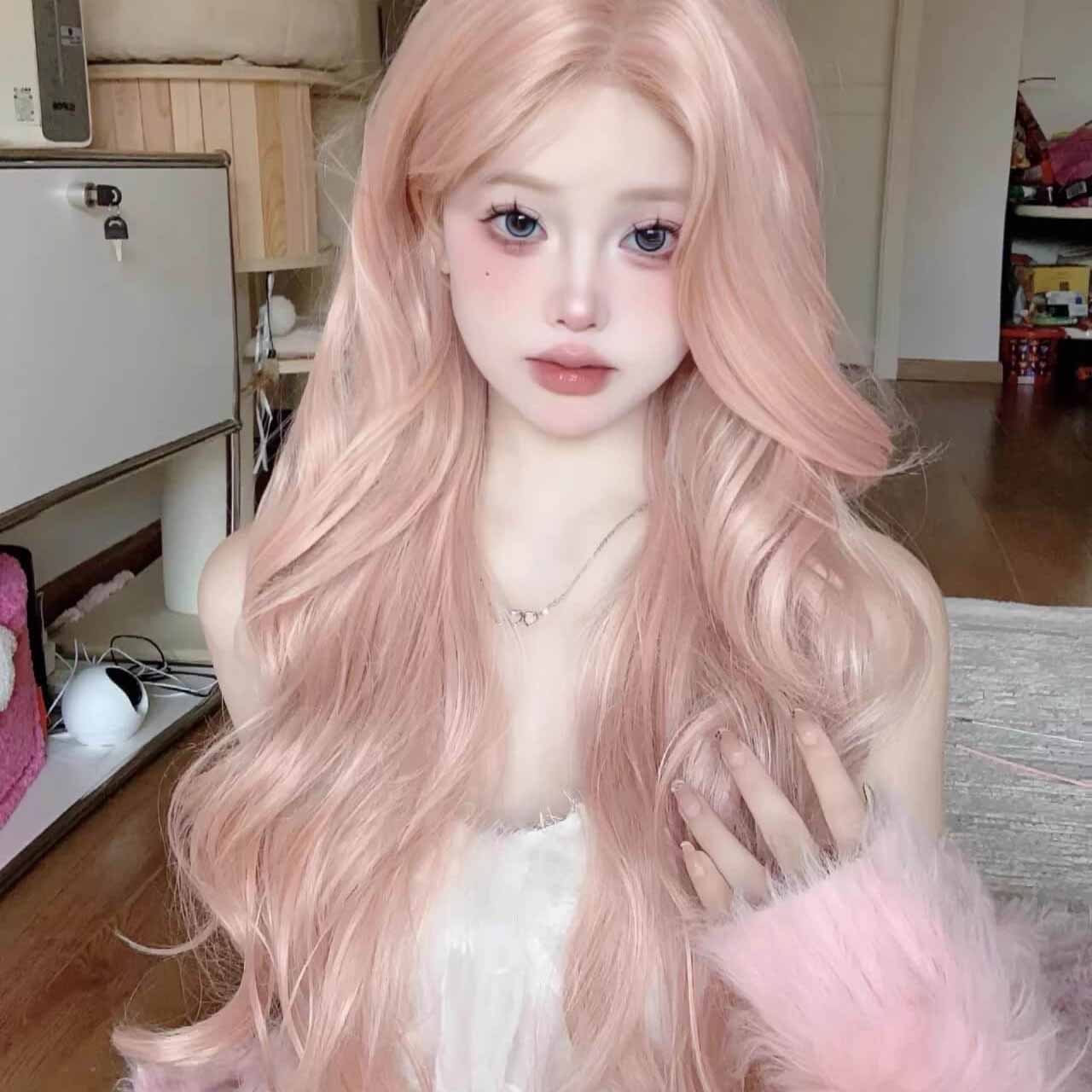 Femboy wear sweet femboy pink blonde body wave wig with bangs