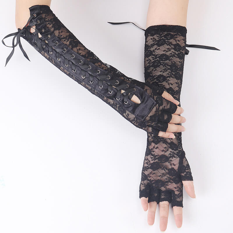 Femboy wear sweet gothic lace up half finger lace gloves