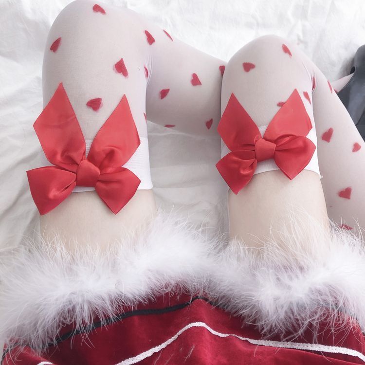 Femboy wear sweet heart christmas thigh high stockings detail