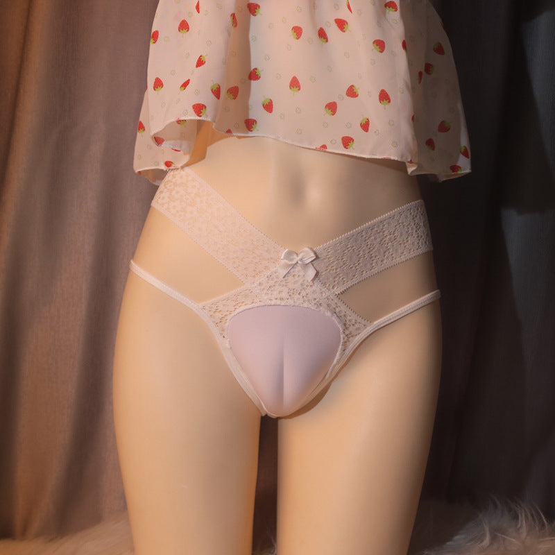 Femboy wear sweet lace double strapped cameltoe panty front