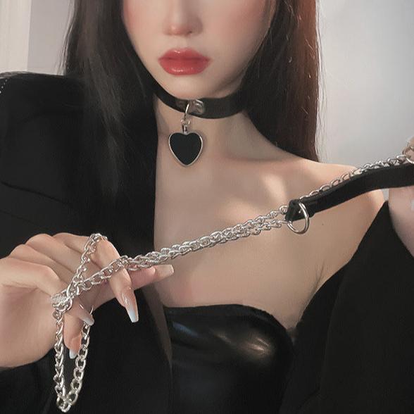 Femboy wear sweet leather heart choker with chain