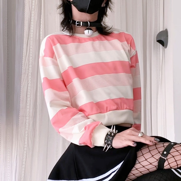 Femboy wear sweet long sleeve black and gray striped t shirt