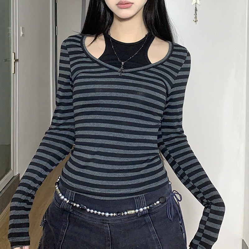 Femboy wear sweet long sleeve black and gray striped t shirt