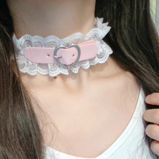 Femboy wear sweet pink leather collar with lace femboy fashion